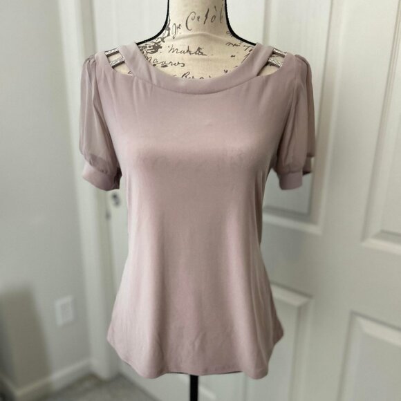 Adele & May Tops - Women's Pink Blush Sheer Short-Sleeved Blouse with Bling on the Top of Shoulders
